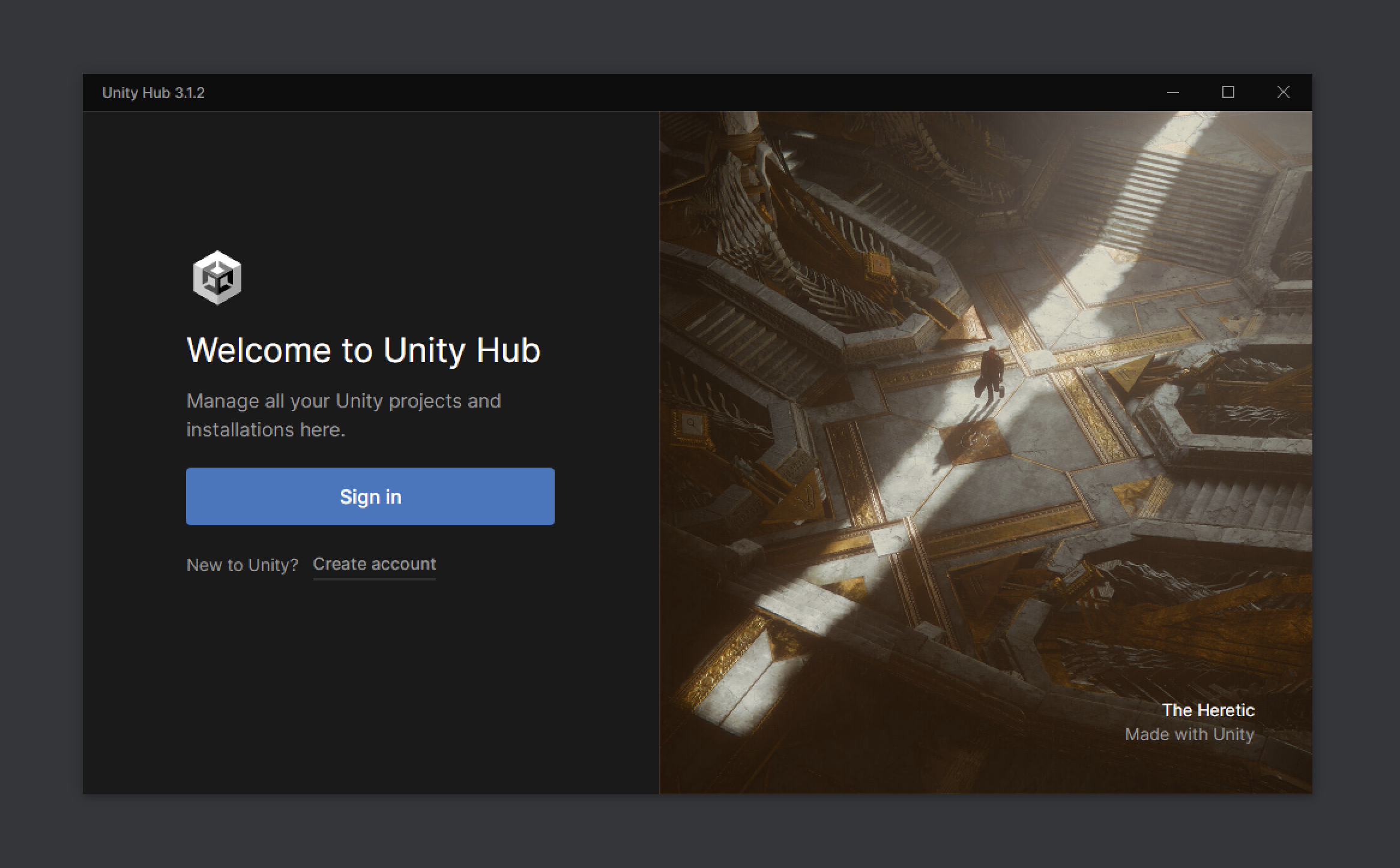 Unity Hub Welcome Window