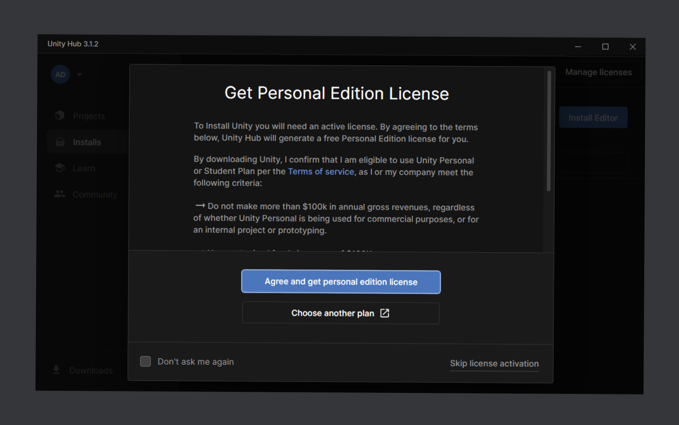 Adding a Unity Personal Edition License