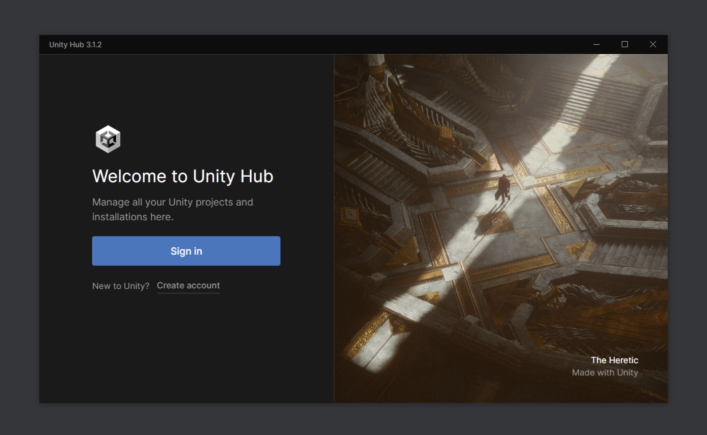 Unity Hub Welcome Window