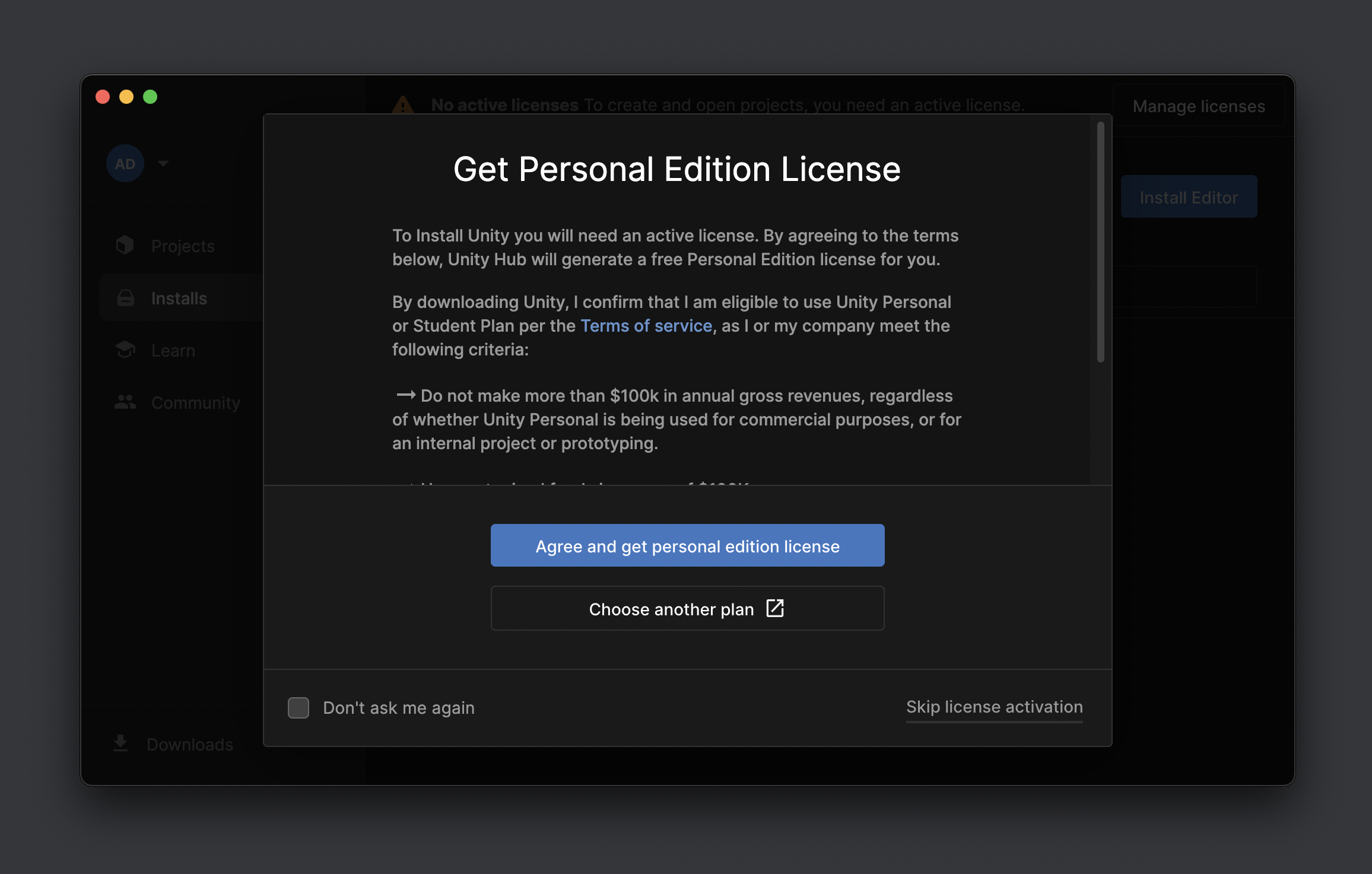 Adding a Unity Personal Edition License