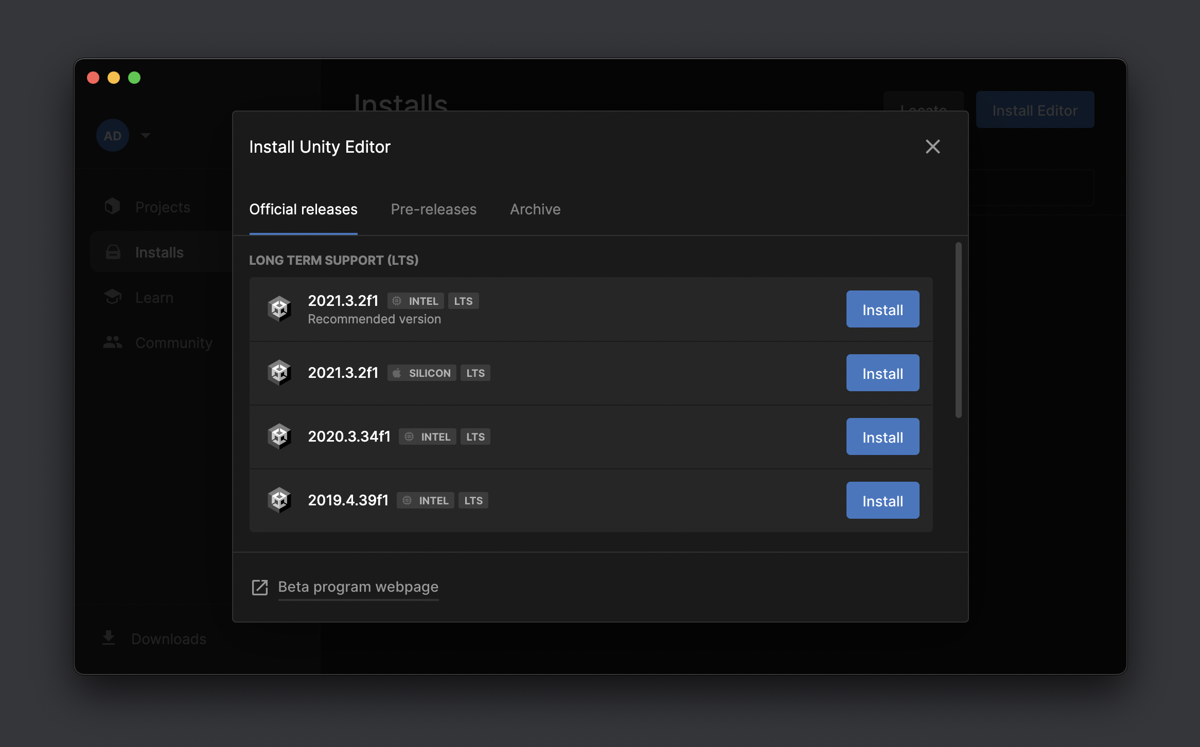 Selecting a Unity Editor Release