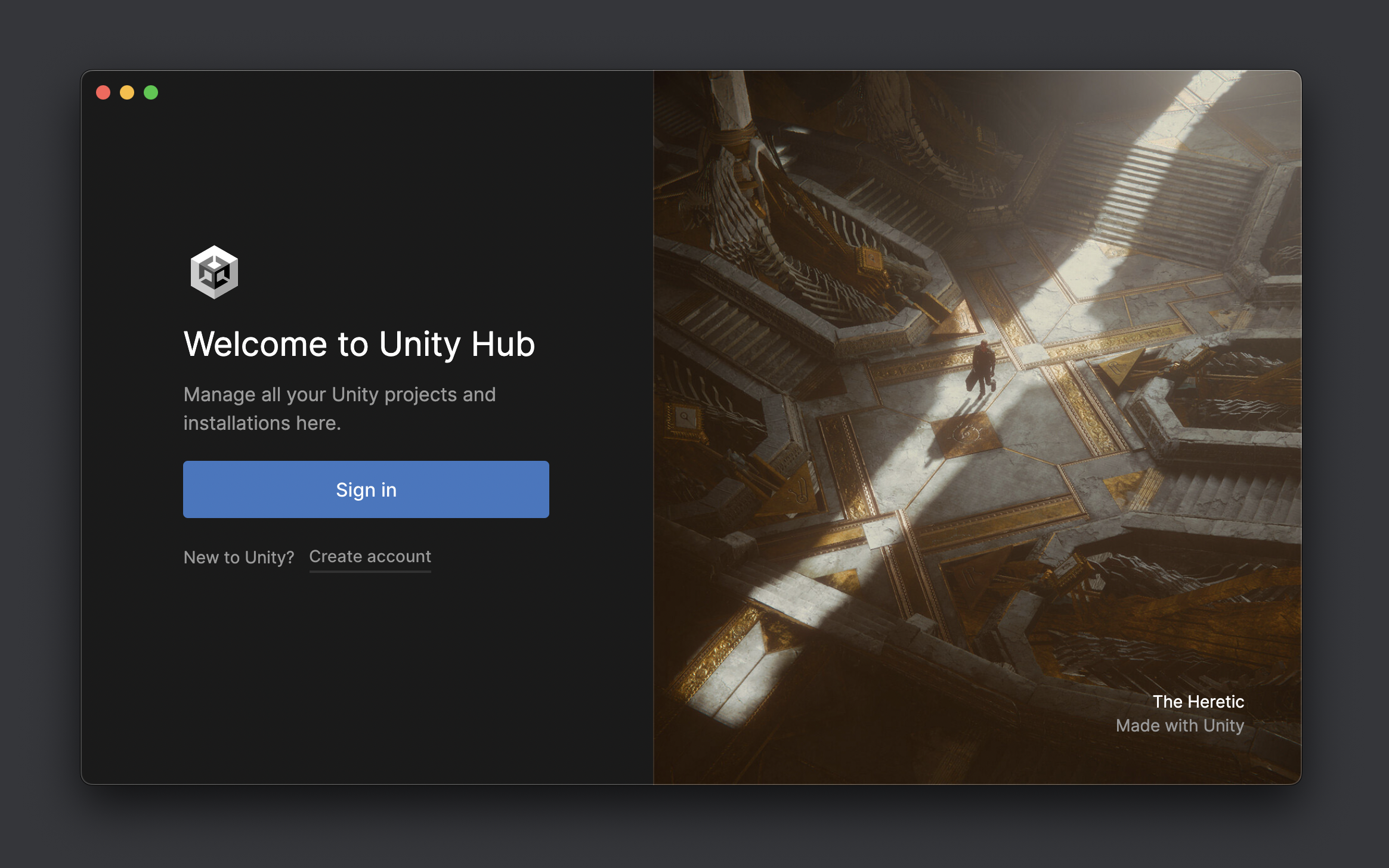 Unity Hub Welcome Window