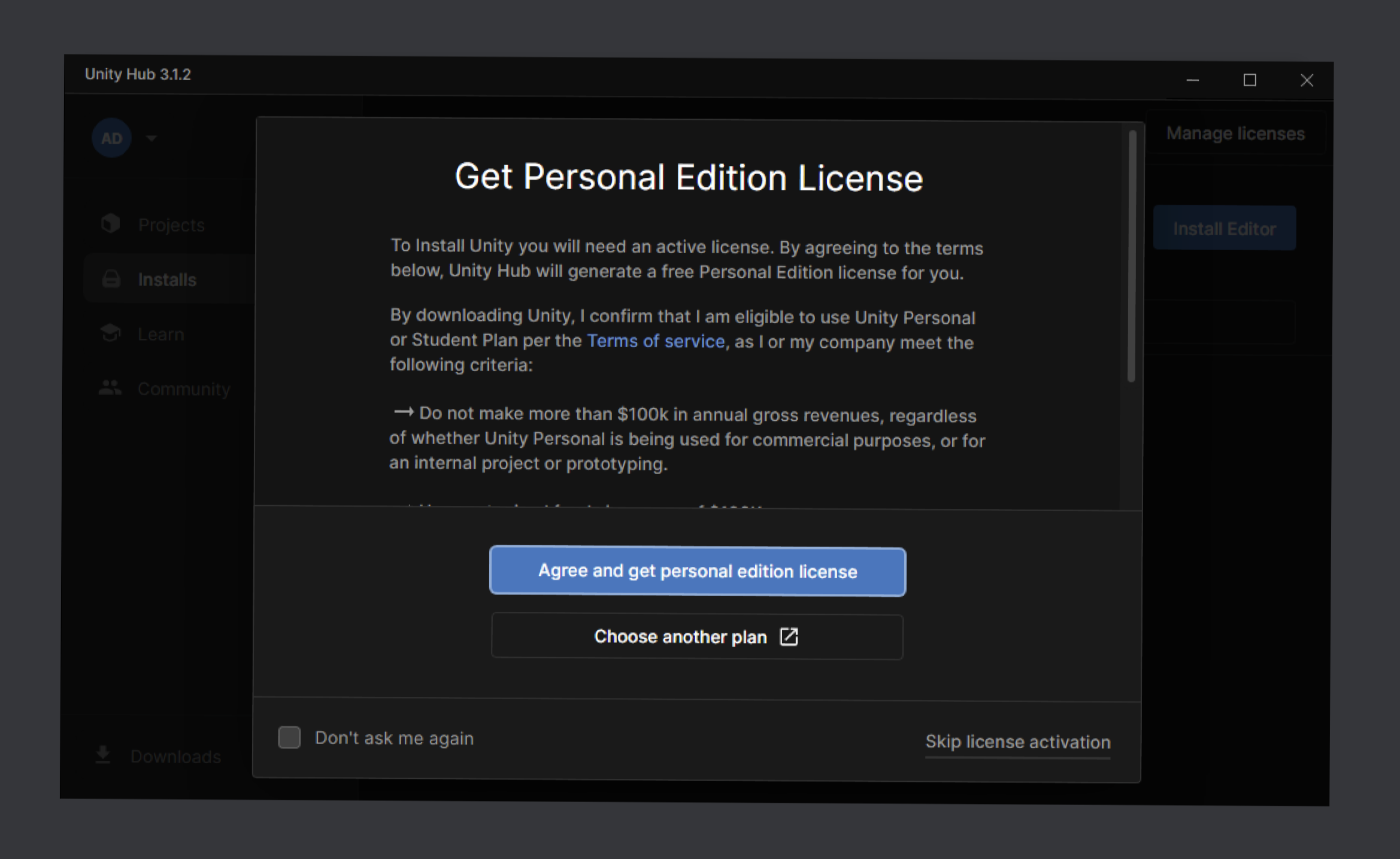 Adding a Unity Personal Edition License