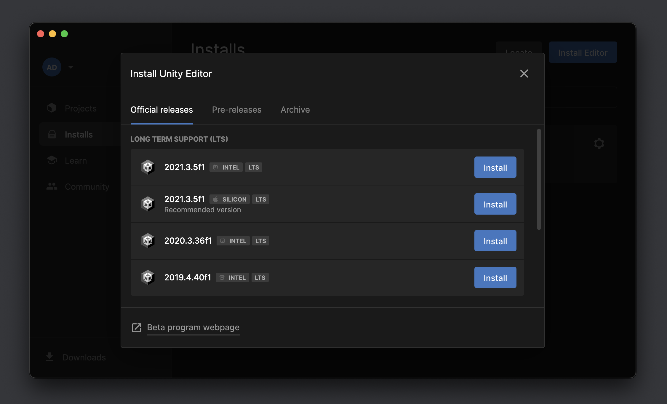 Selecting Unity Official Releases