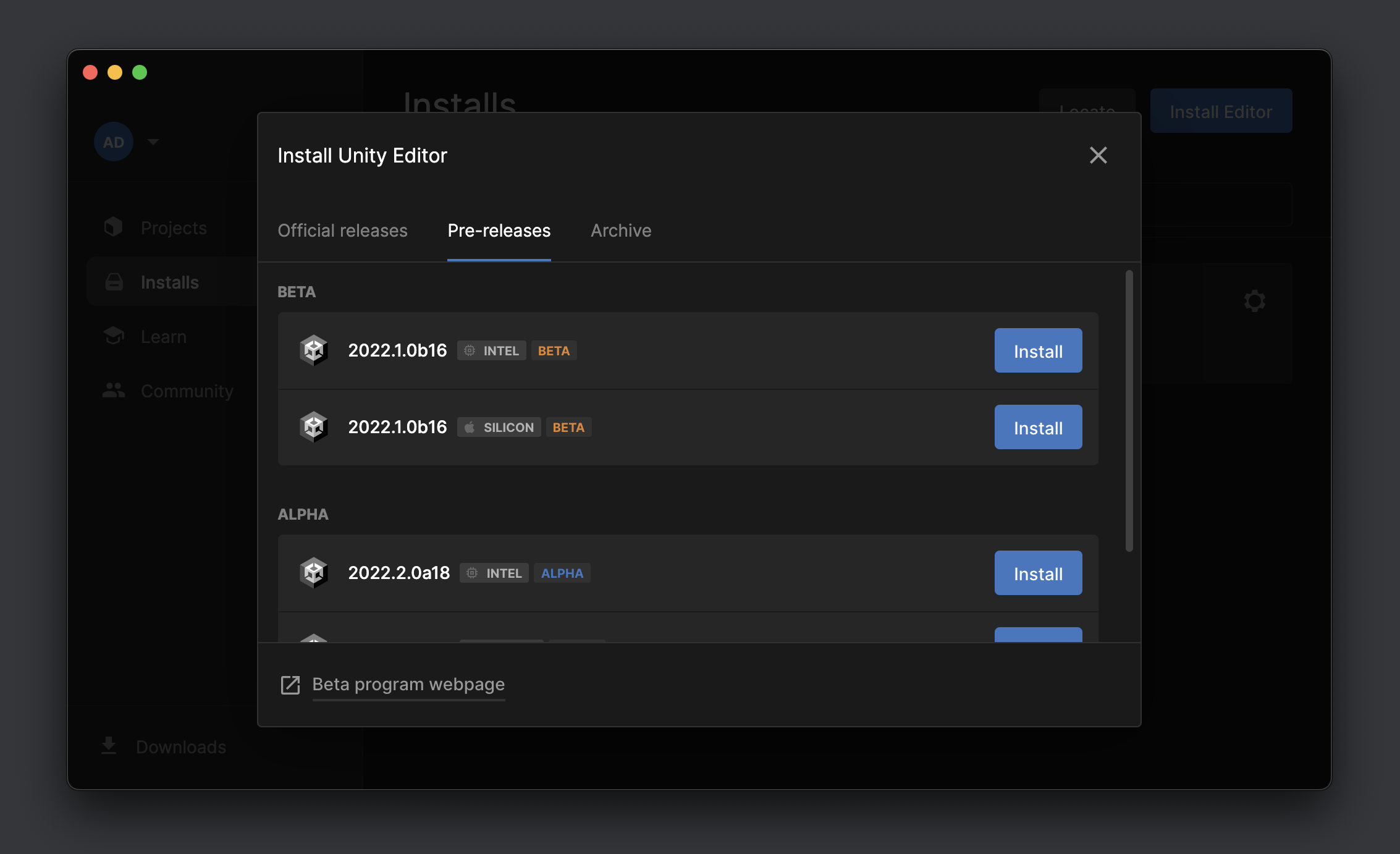 Selecting Unity Pre-Releases