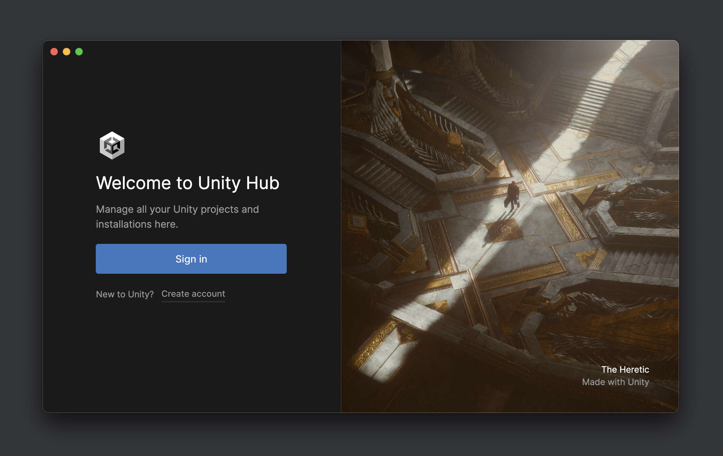 Unity Hub Welcome Window